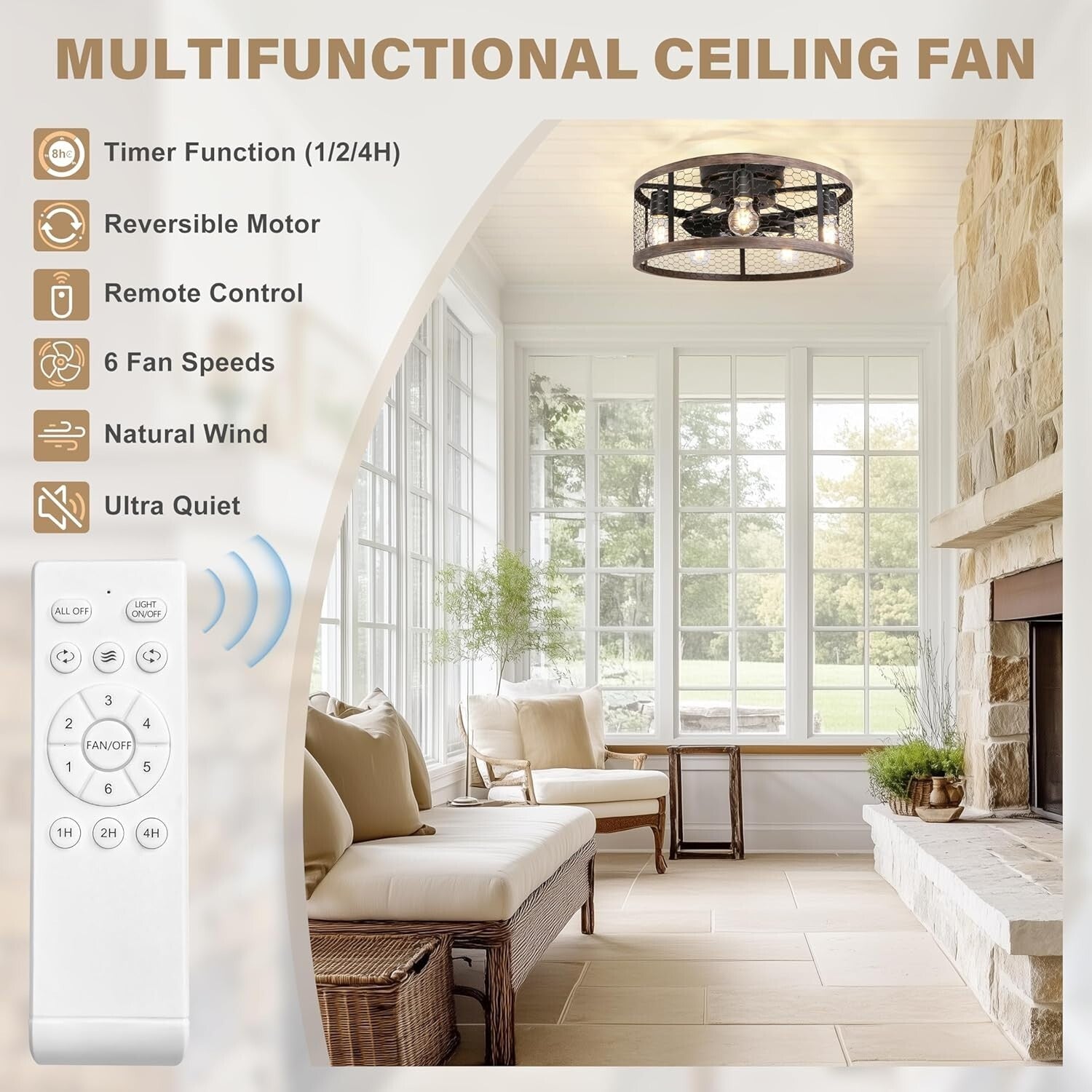 20'' Flush Mount Rustic Ceiling Fan with Lights & Remote for Stylish Spaces