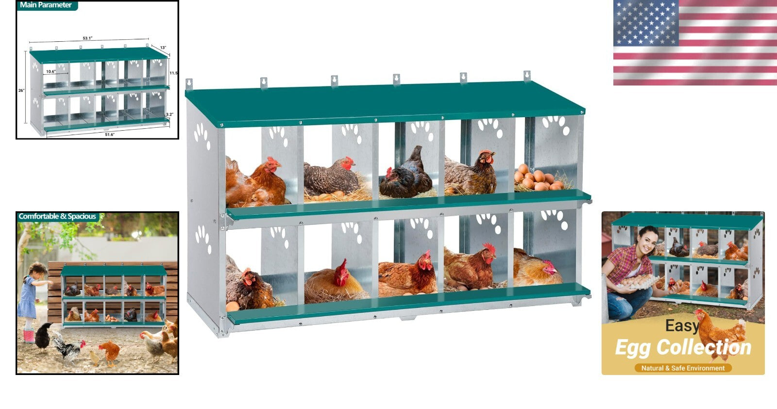 Spacious Metal Chicken Nesting Box with 10 Compartments and Ventilation