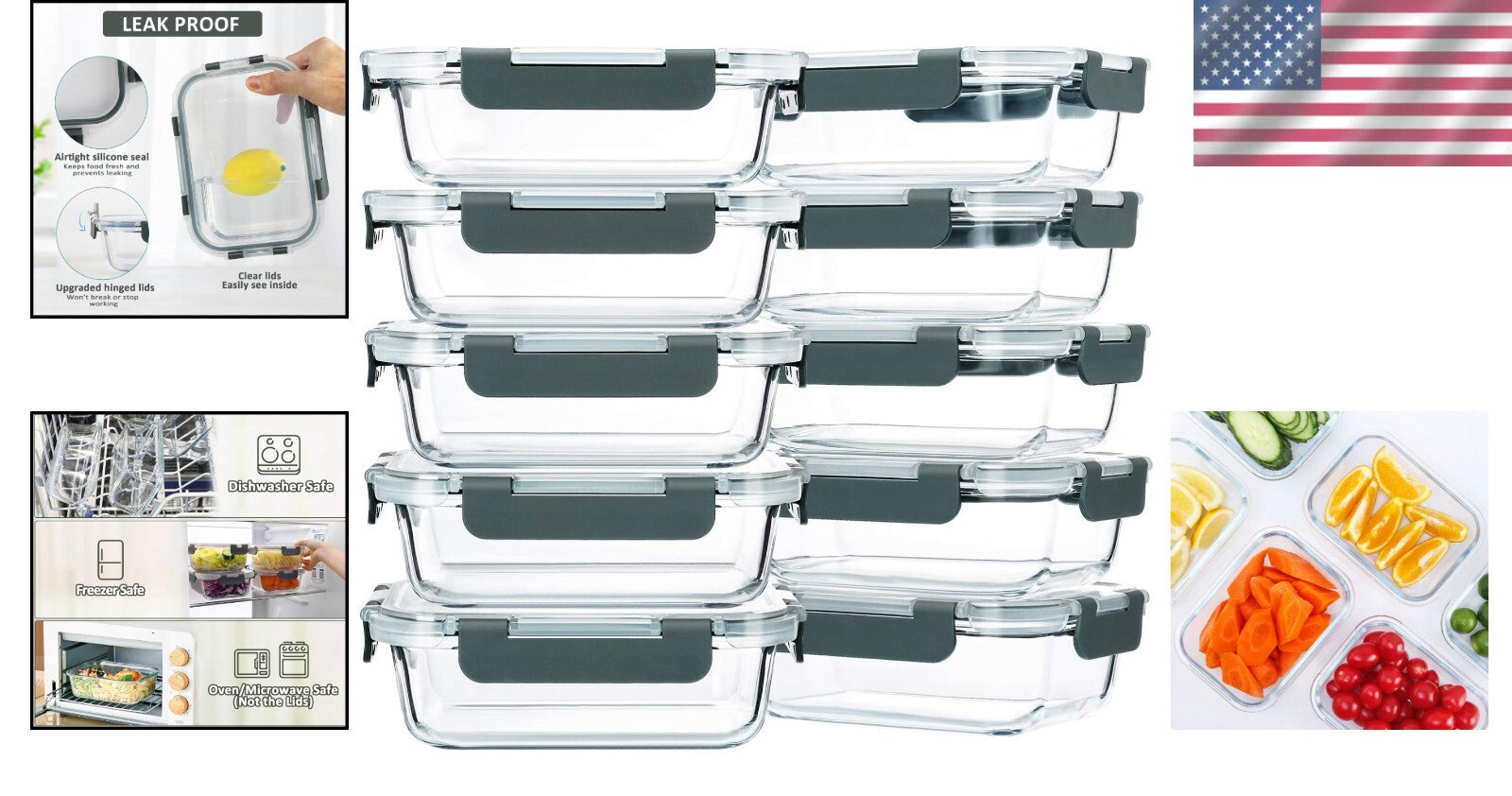 Premium Borosilicate Glass Meal Prep Containers with Snap Lock Lids - 22 Oz
