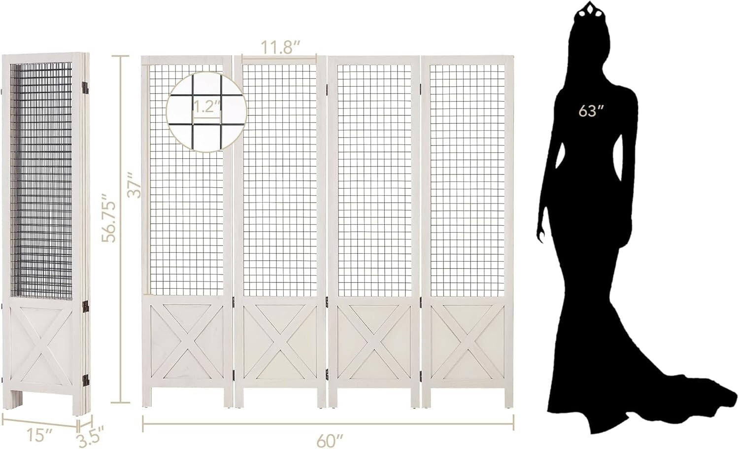 Multi-Use White Wood Room Divider & Display Board - 4 Panel Freestanding Design