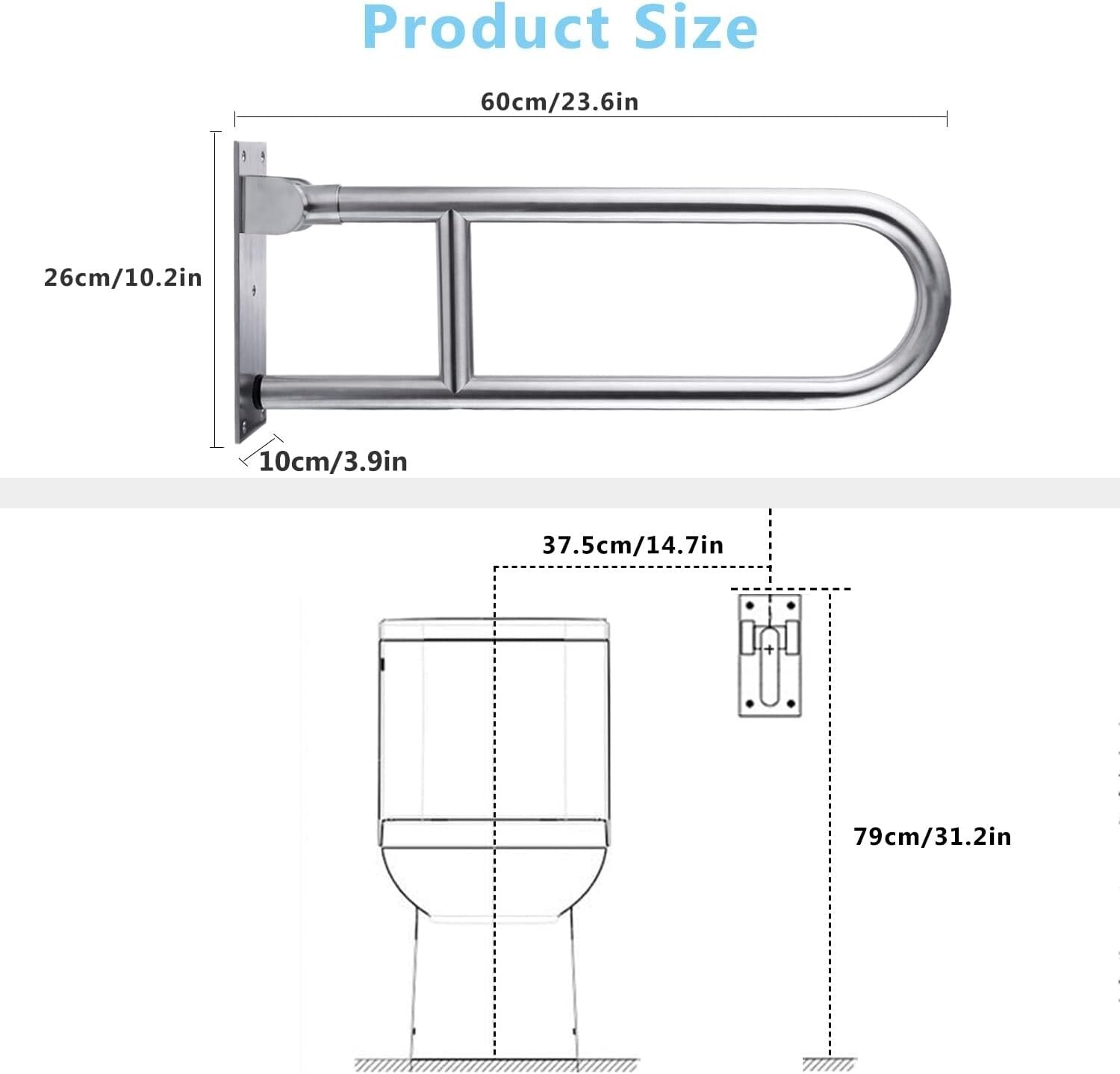 Ergonomic 23.6” Toilet Grab Bar with 300 lbs Capacity - Space-Saving Design