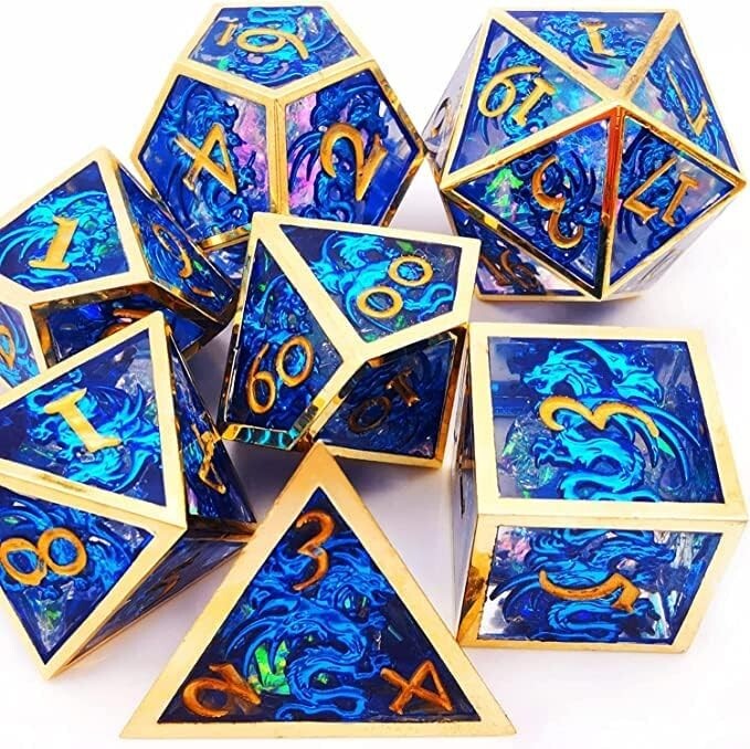 Eco-Friendly Blue Dragons Polyhedral Dice Set - 7 Hollow Metal/Resin Variety