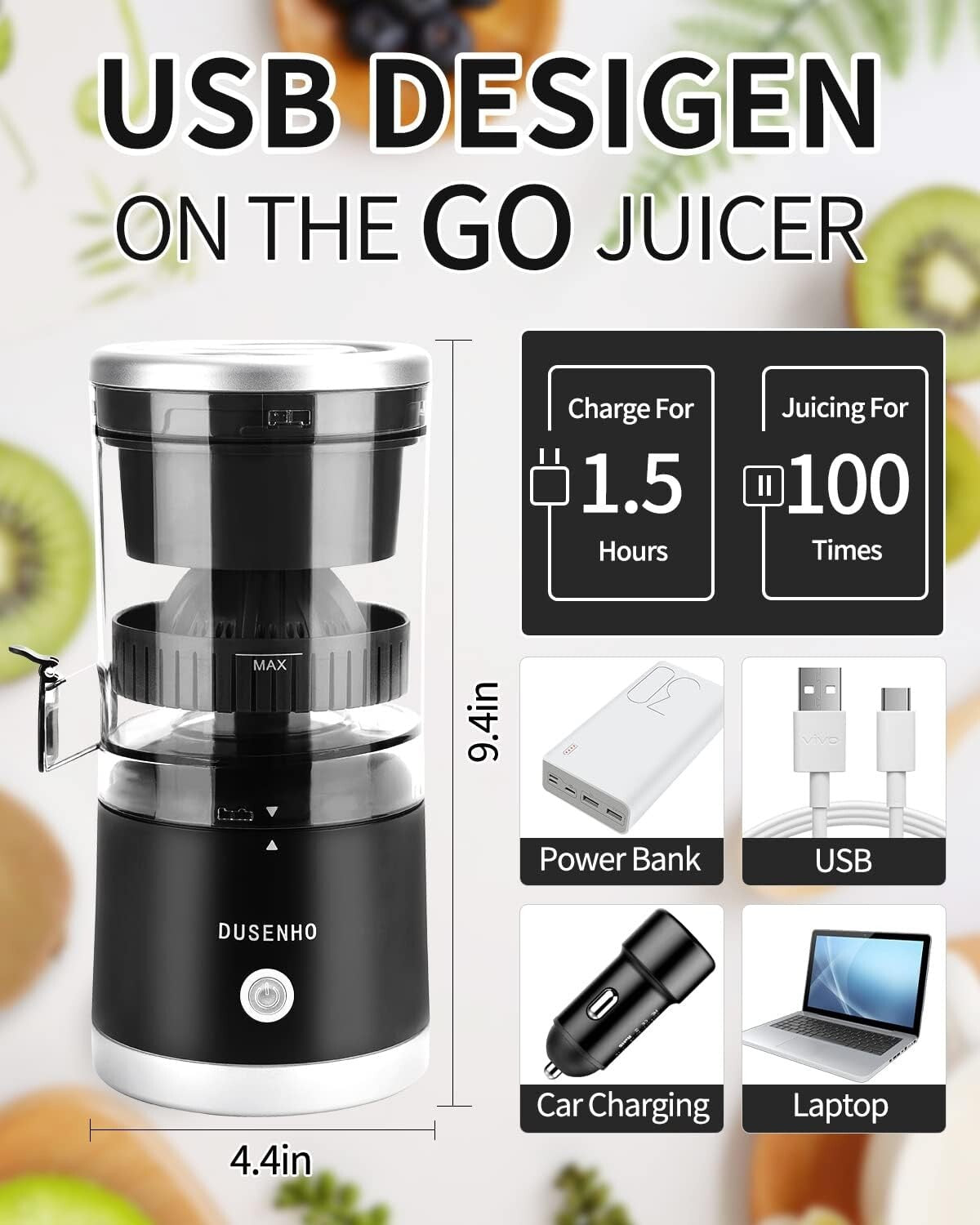 Easy Clean Citrus Juicer - Portable Rechargeable Juicer for Oranges & Lemons