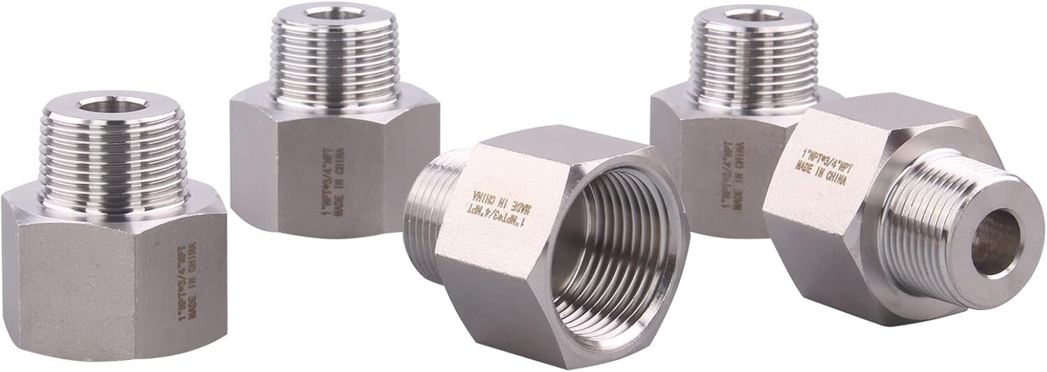 Pack of 5 Stainless Steel 304 Reducer Adapter Fittings - 1" Female x 3/4" Male