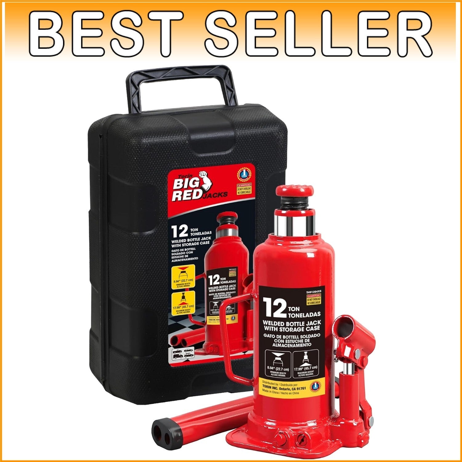 12 Ton Hydraulic Bottle Jack with Carrying Case - Max Lifting Height 18 Inches