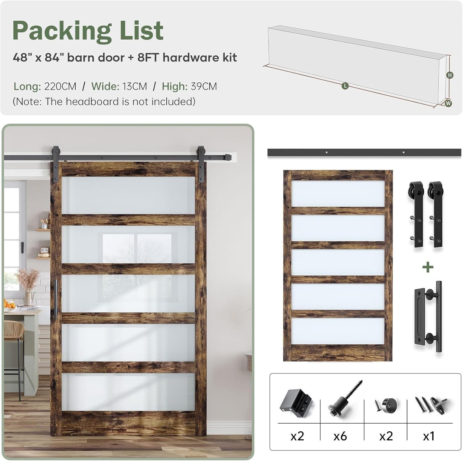 Chic Brown Wood Barn Door with Frosted Glass & 8ft Hardware - DIY Friendly