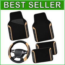 Load image into Gallery viewer, Sporty Microfiber Leather Steering Wheel Cover &amp; Waterproof Floor Mats Combo