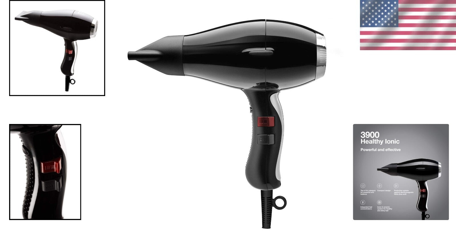 3900 Ionic Professional Hair Dryer - Lightweight, 2000W with 2 Concentrators