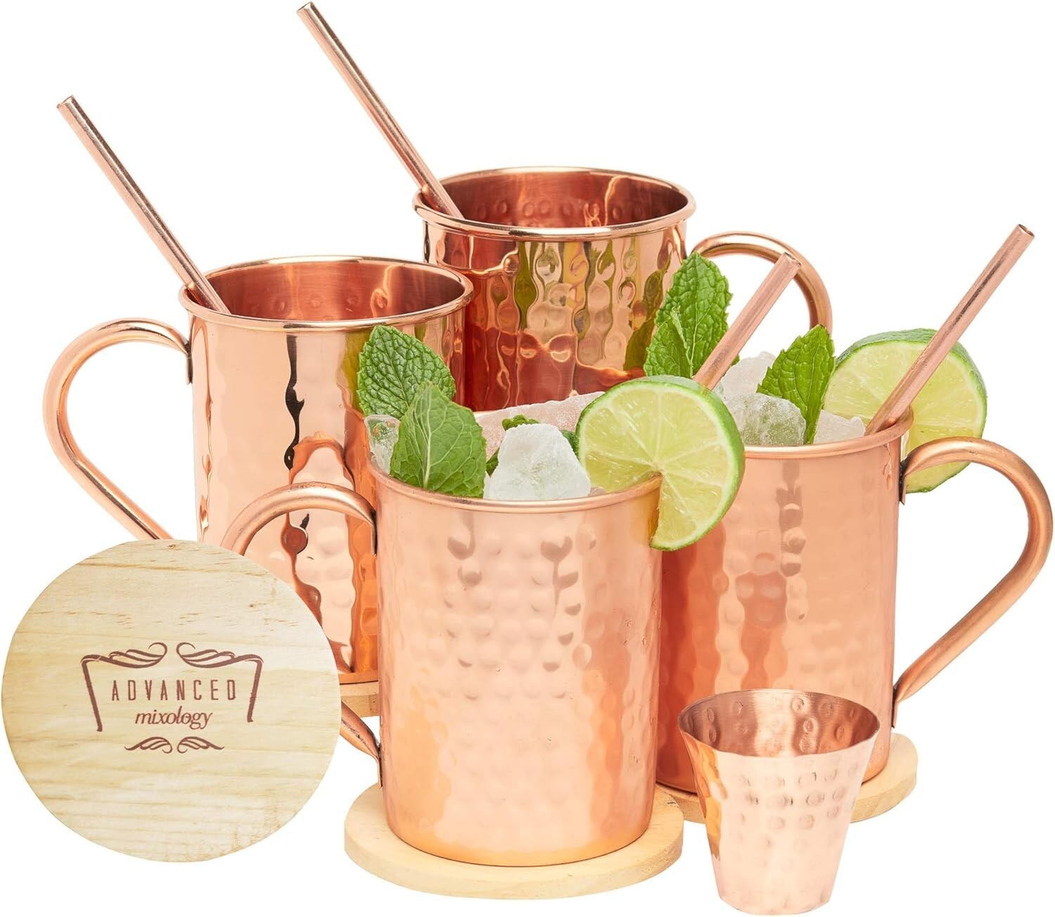 4 Pack Copper Moscow Mule Mugs with Artisan Wooden Coasters - Perfect Gift