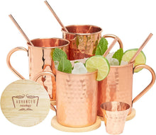 Load image into Gallery viewer, 4 Pack Copper Moscow Mule Mugs with Artisan Wooden Coasters - Perfect Gift