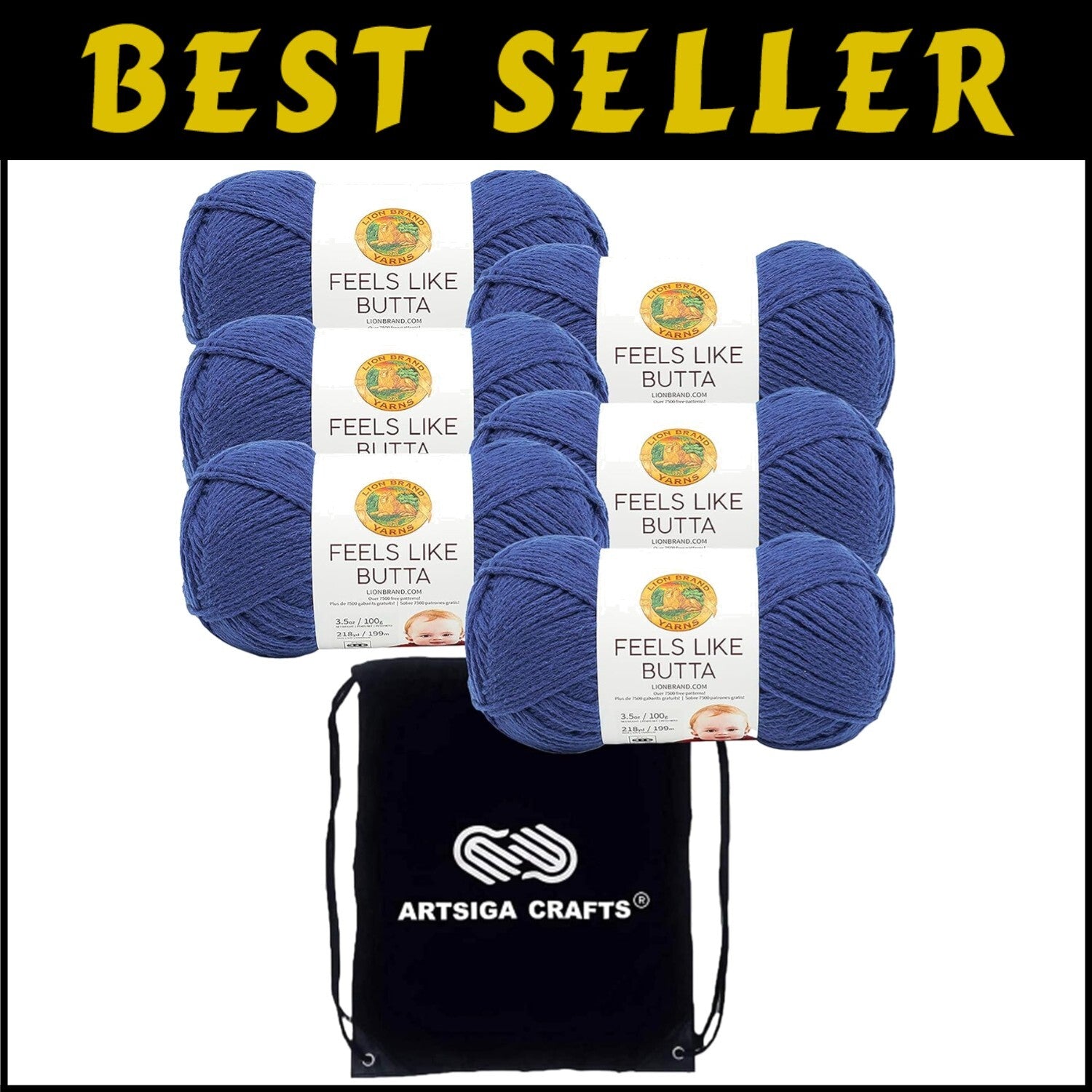 Durable Royal Blue Yarn Set - Same Dye Lot, 6 Skeins & Drawstring Project Bag