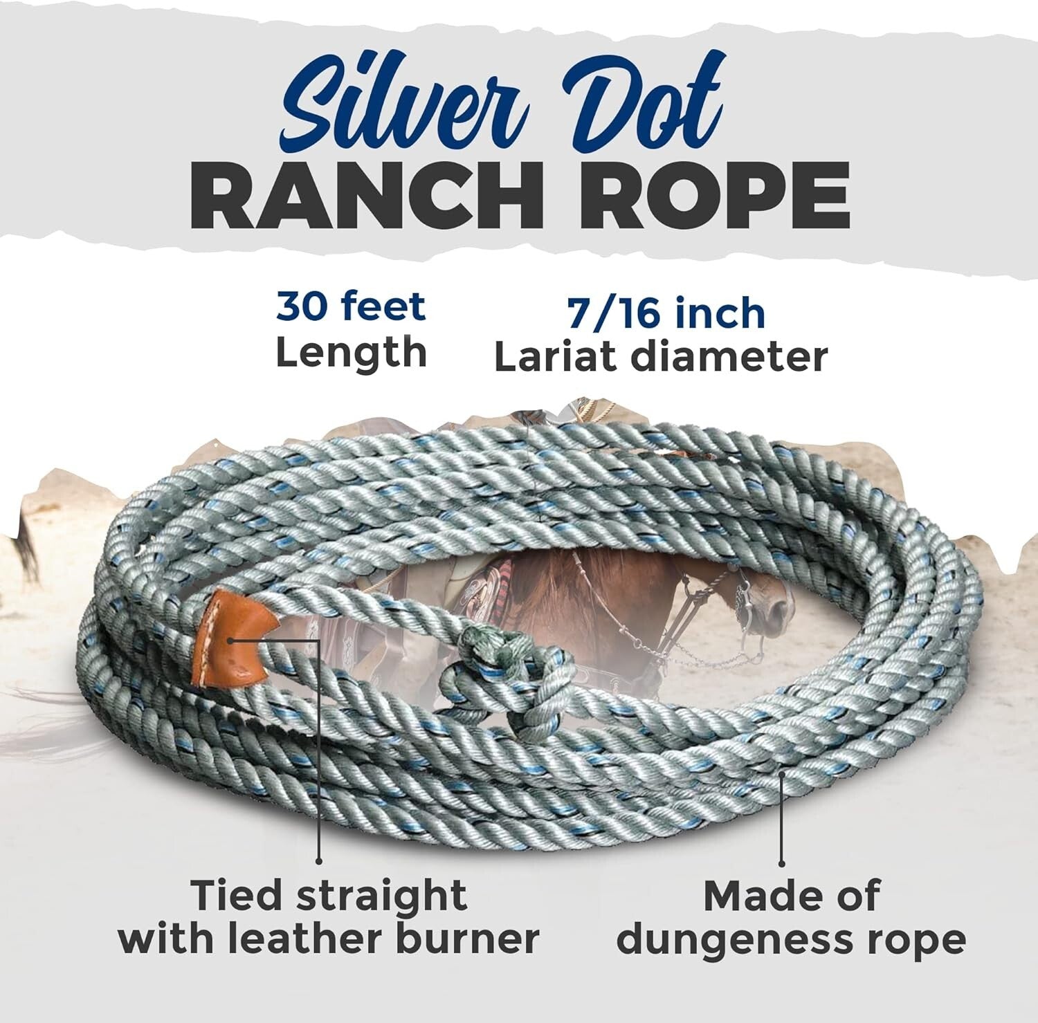Durable Silver Dot Ranch Rope with Leather Burner - Perfect for Roping Tasks