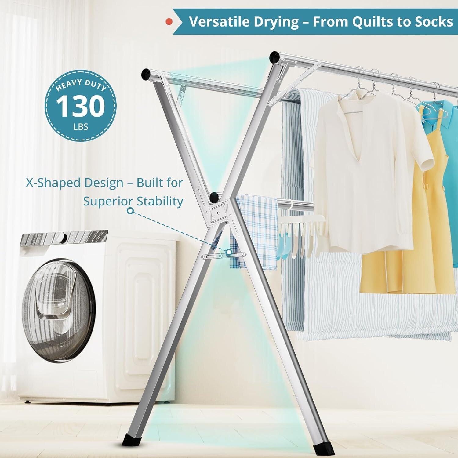 95-Inch Heavy Duty Stainless Steel Clothes Drying Rack with 20 Windproof Hooks