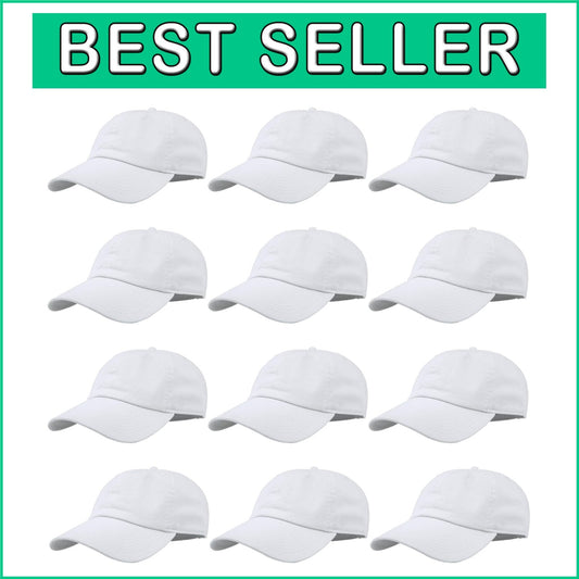 12-Pack Adjustable Cotton Caps - White Baseball Hats for Teams or Events