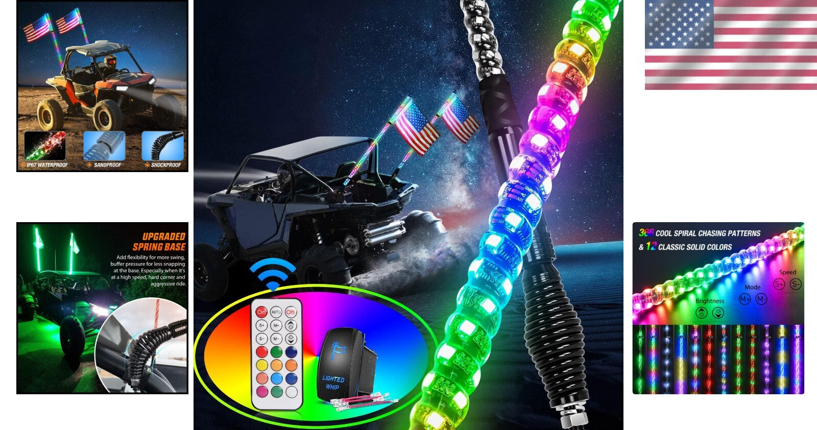 Dynamic 5FT RGB LED Whip Lights Set with Spring Base for Offroad Vehicles