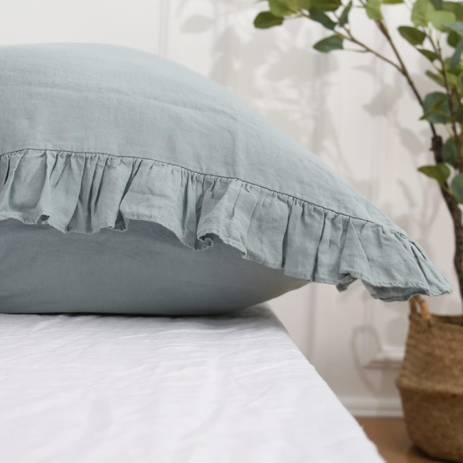 Breathable Dusty Blue French Linen Euro Shams with Charming Ruffles - 26''x26''