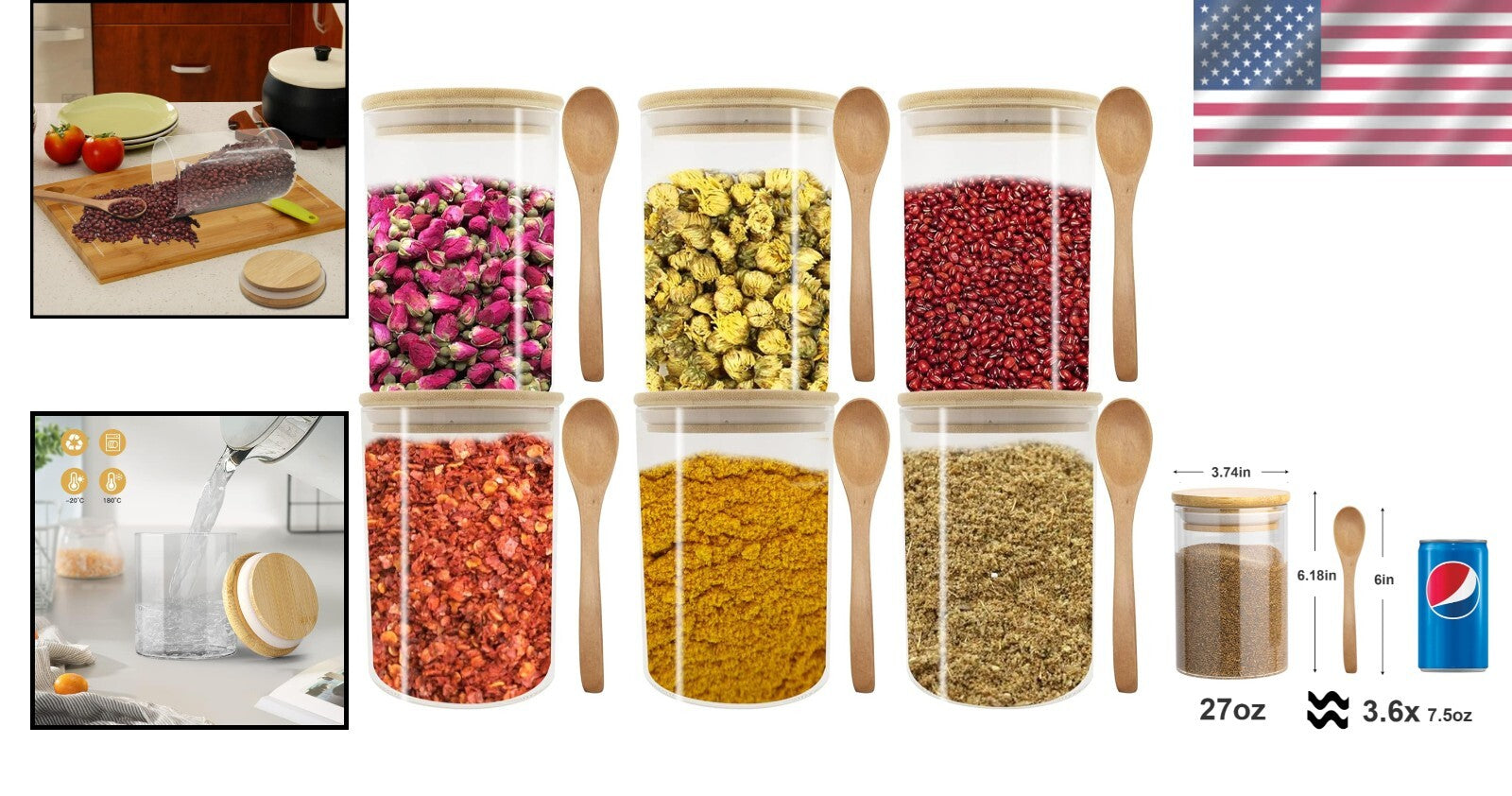 Airtight 27oz Glass Food Jars - 6 Bamboo-Lid Containers with Spoons Included