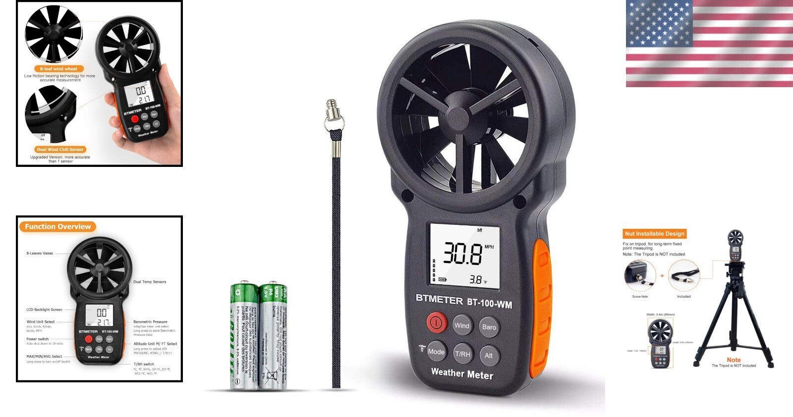 Portable Anemometer with LCD Backlight: Measure Wind Speed & Barometric Pressure