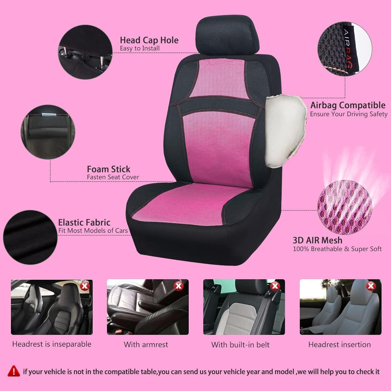 Cute Universal 13PCS Breathable Seat Covers for SUVs & Trucks – Hot Pink Accents