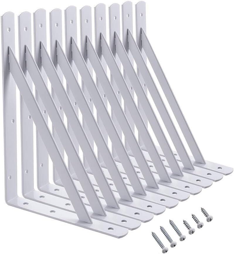 Heavy-Duty 12x8 Shelf Brackets - 600lb Capacity, 10-Pack White Metal Supports