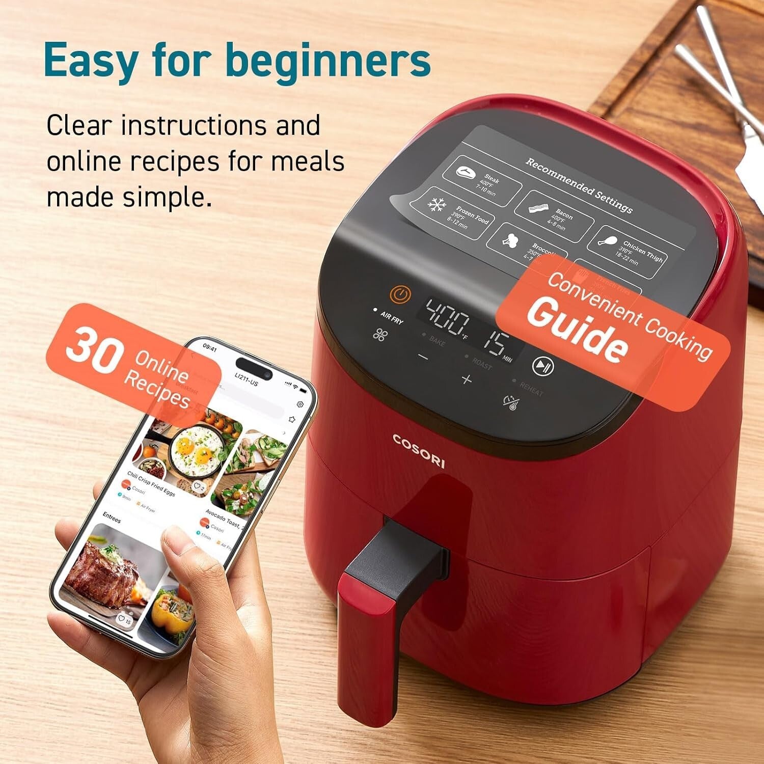 Dishwasher Safe 2.1 Qt Air Fryer in Red - 4 Cooking Functions, Perfect Gift