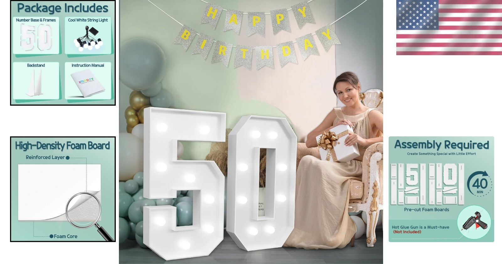 Large 3ft Light-Up Number 50: Perfect for Birthday and Anniversary Celebrations