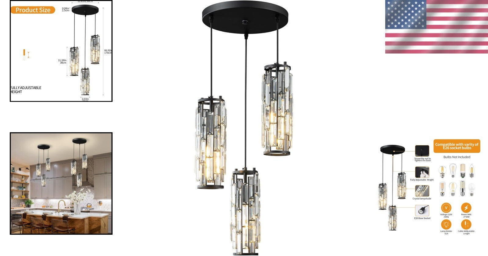 Modern Black Metal & Crystal Pendant Light - Perfect for Living Room and Kitchen