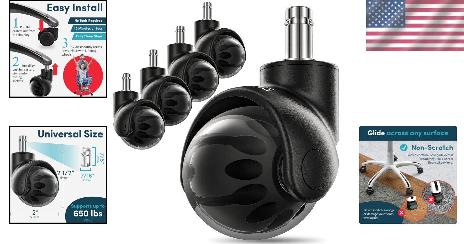 Durable Replacement Office Chair Wheels - 2 Inch Casters for Hardwood & Carpet