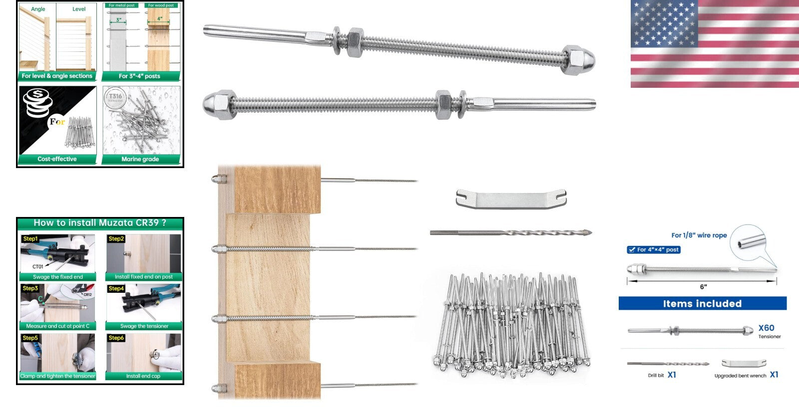 60 Pack T316 Stainless Steel Cable Railing Hardware - Hand Swage Tensioner Kit