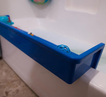 Load image into Gallery viewer, Bathtub Splash Guard Play Shelf - Fun Toy Tray with 10 Suction Cups in Blue