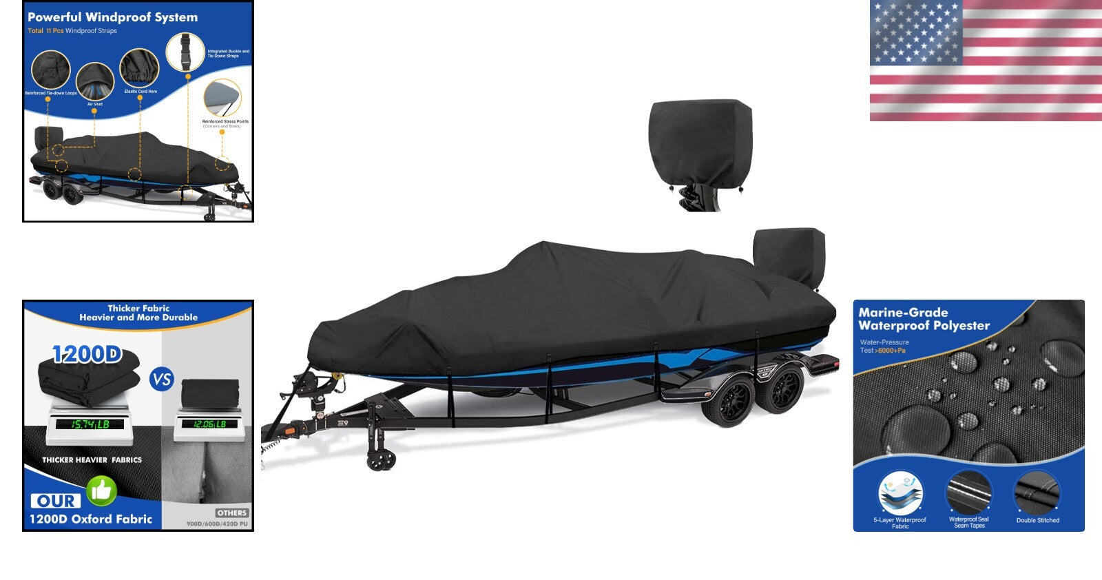 1200D Waterproof Boat Cover - Fits 16-18.5ft, Heavy Duty with Windproof Straps