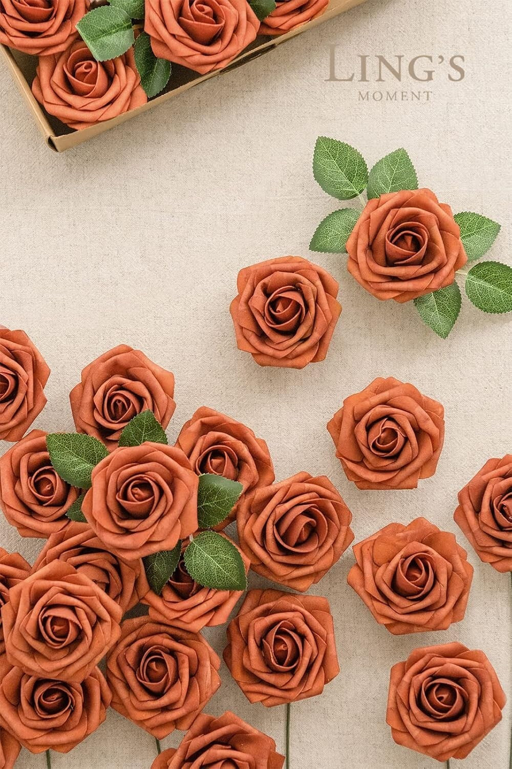Realistic 50pcs Burnt Orange Artificial Roses – Perfect for DIY Bouquets