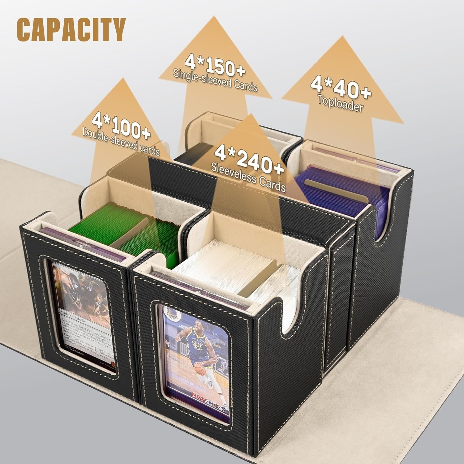 5 in 1 MTG Commander Card Deck Box - Black Gold, Fits 400+ Cards, Dice Tray