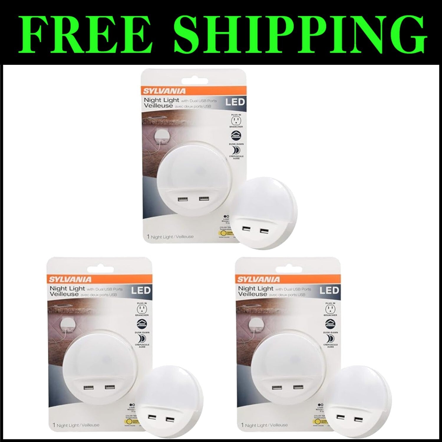 Sylvania LED Night Light 3-Pack: Dusk to Dawn with Dual USB Ports, Warm White