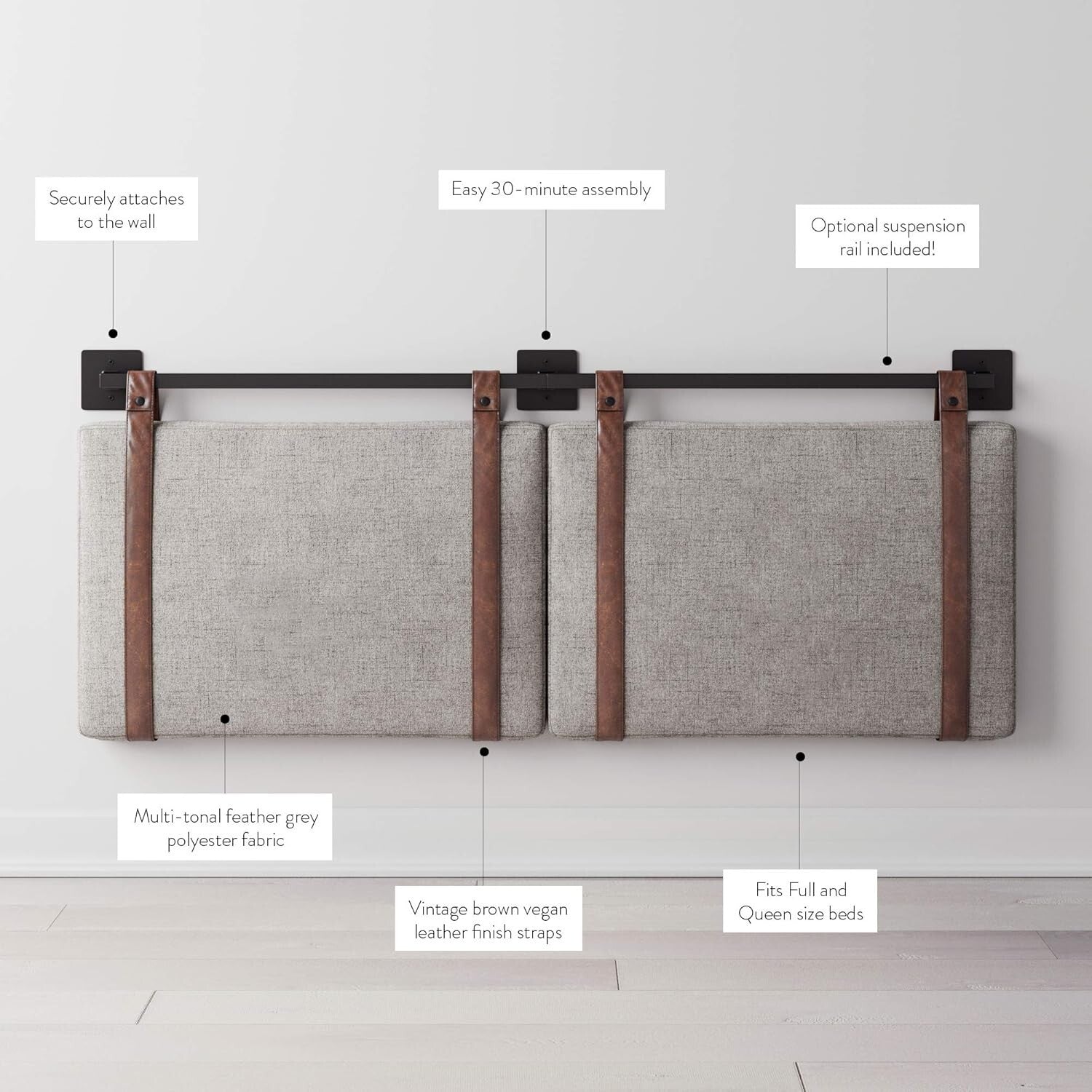 Harlow Wall-Mount Headboard Queen - Gray with Brown Faux Leather Straps