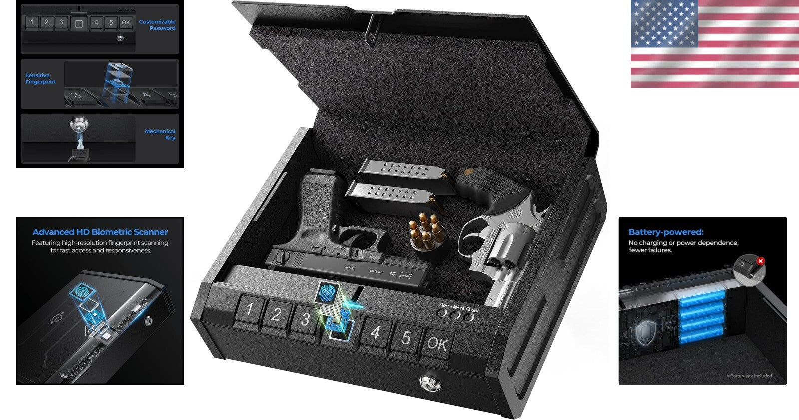 Compact Biometric Gun Safe for Home, Nightstand & Car – Fingerprint Access & Key