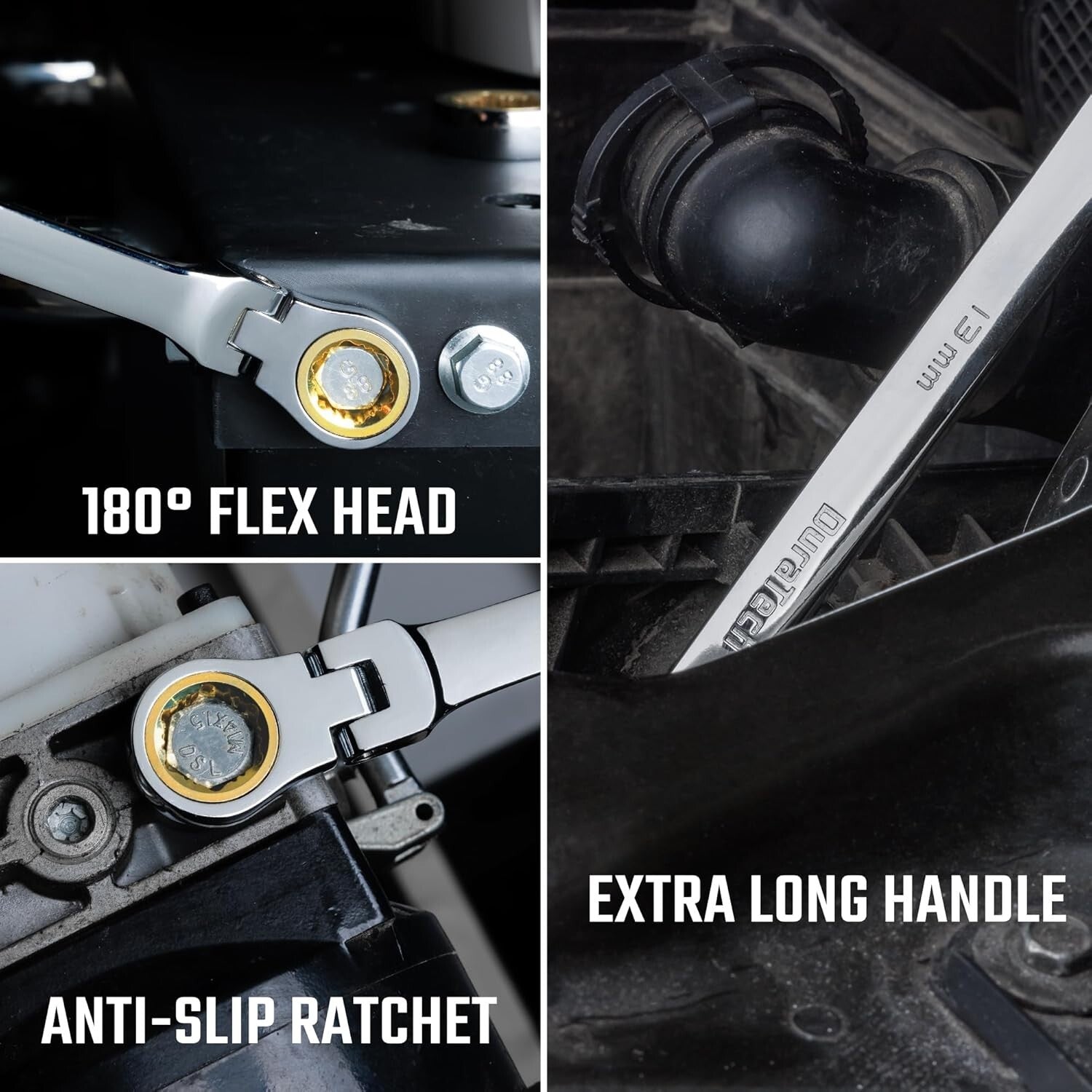 Extra Long Anti-Slip Flex-Head Ratcheting Wrench Set - 6-Piece Metric CR-V Steel