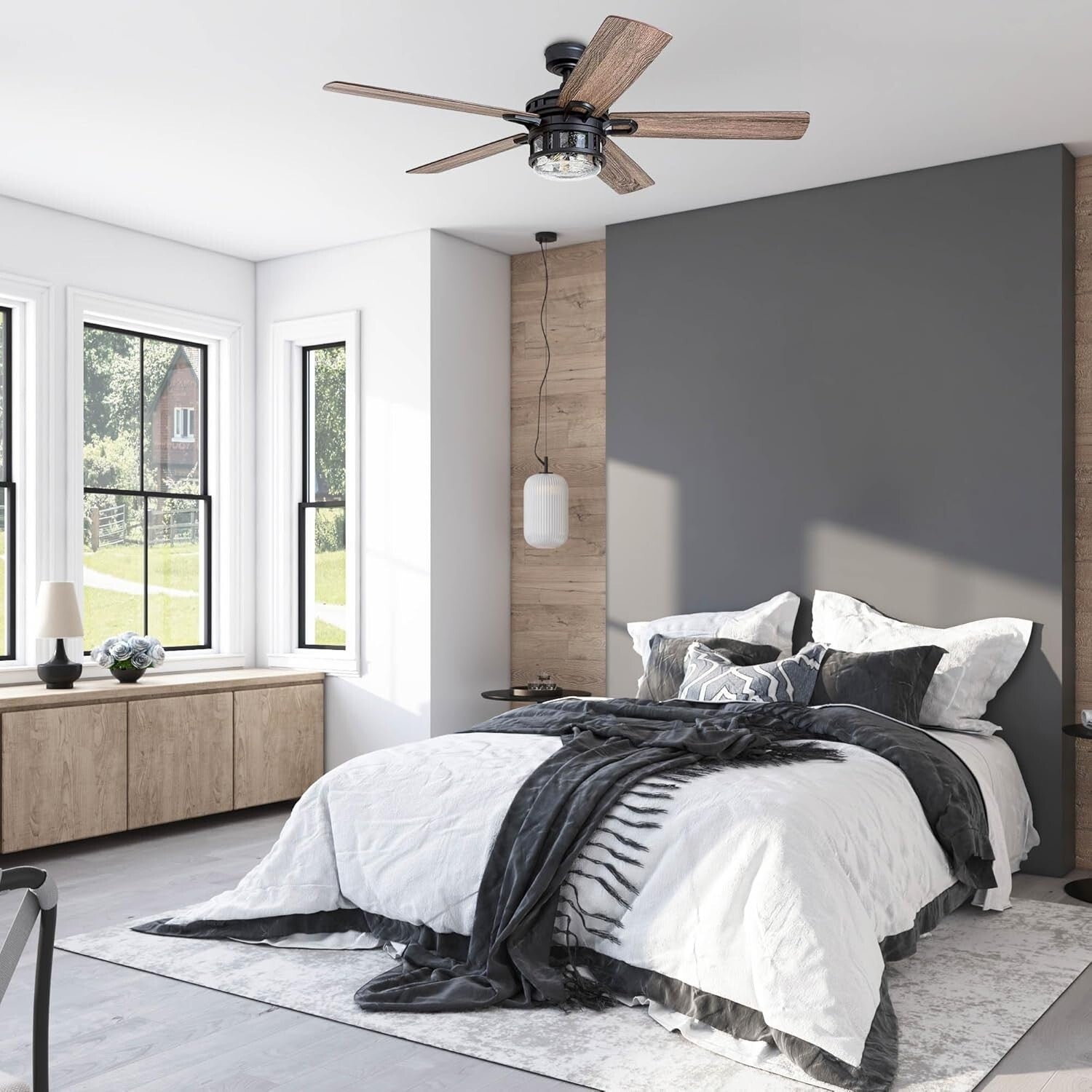Stylish 52 Inch Ceiling Fan with LED Light - Matte Black & Brown Pine Finishes