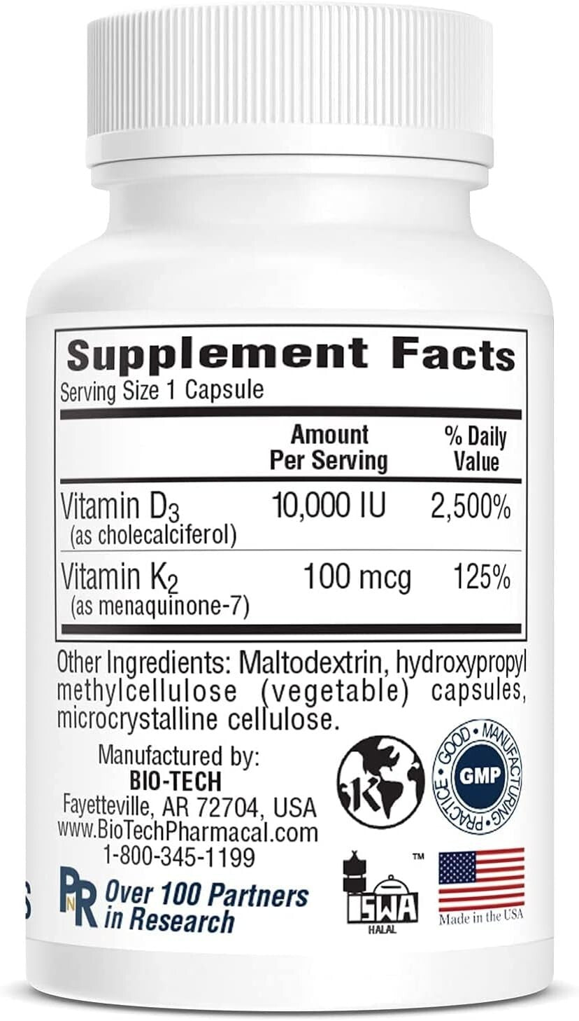 120 Plant-Based D3-K2 Vegcaps - Support Bone, Cardiovascular & Immune Health