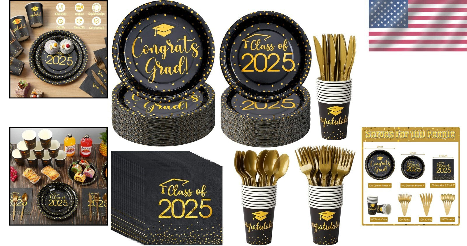 Easy-Clean 700pcs Graduation Essentials Set - Serve 100 in Black & Gold Elegance
