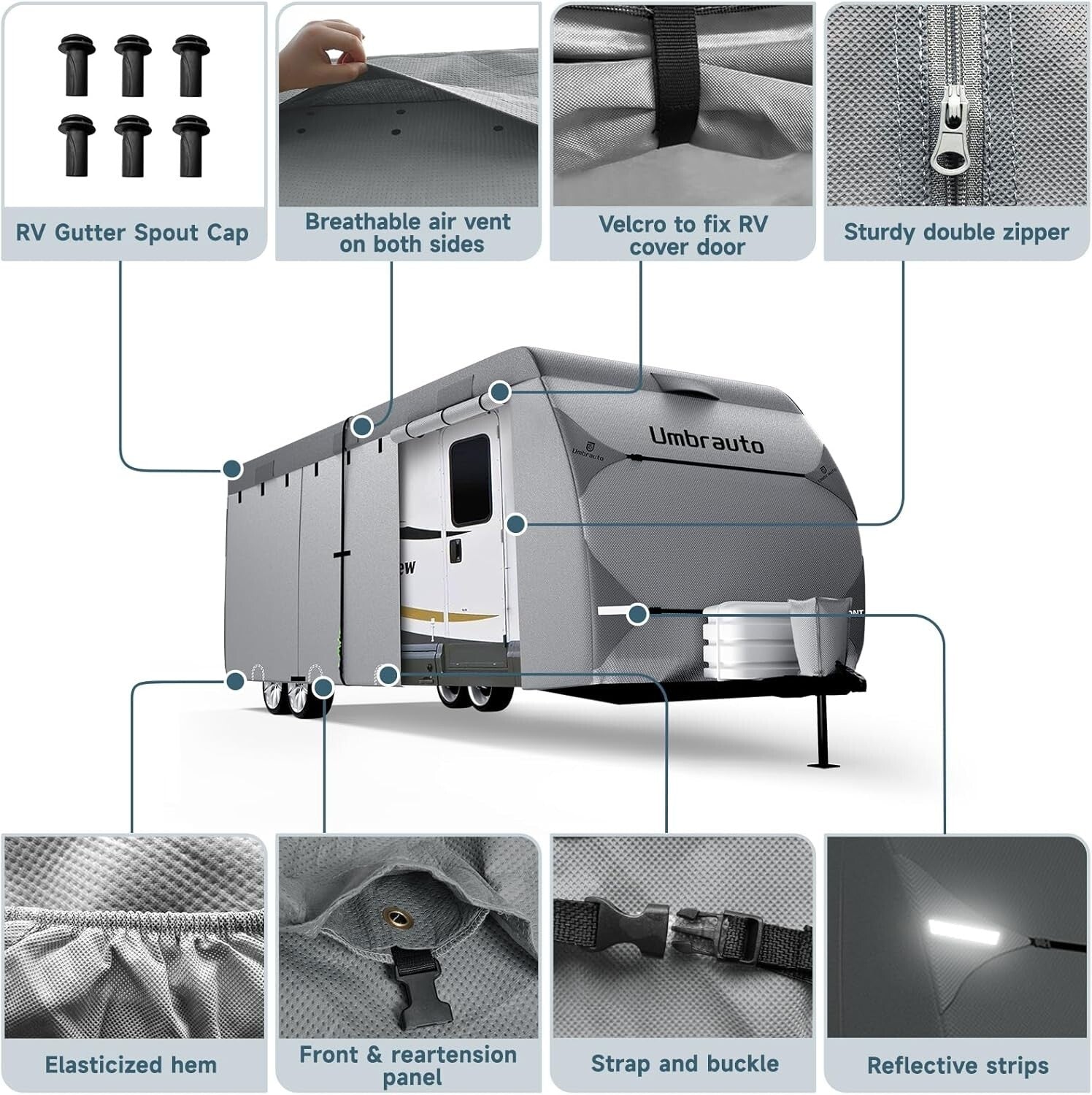 Universal Fit Waterproof Travel Trailer Cover with Windproof Ropes and Gutters