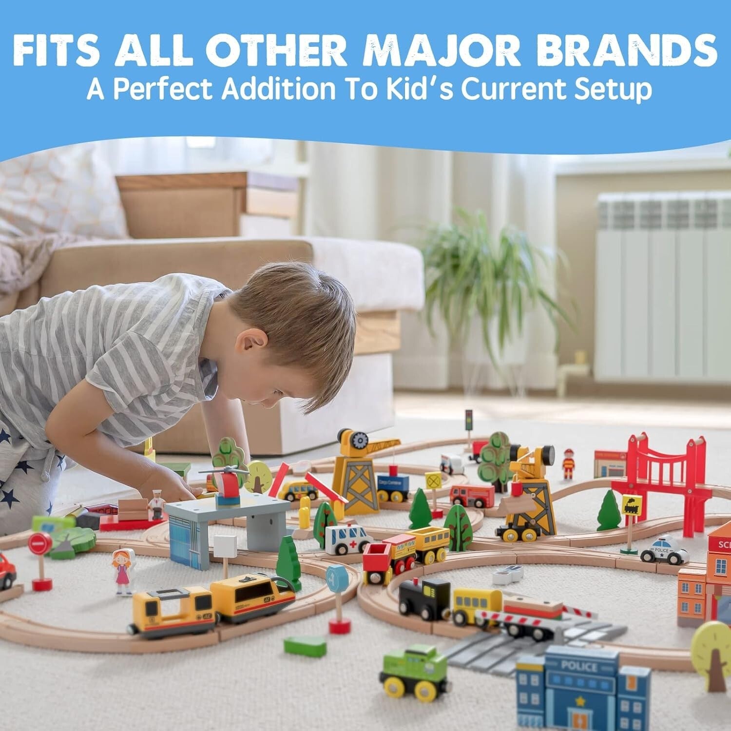 Educational Wooden Train Set with Crane - 55PCS for Toddlers & Kids