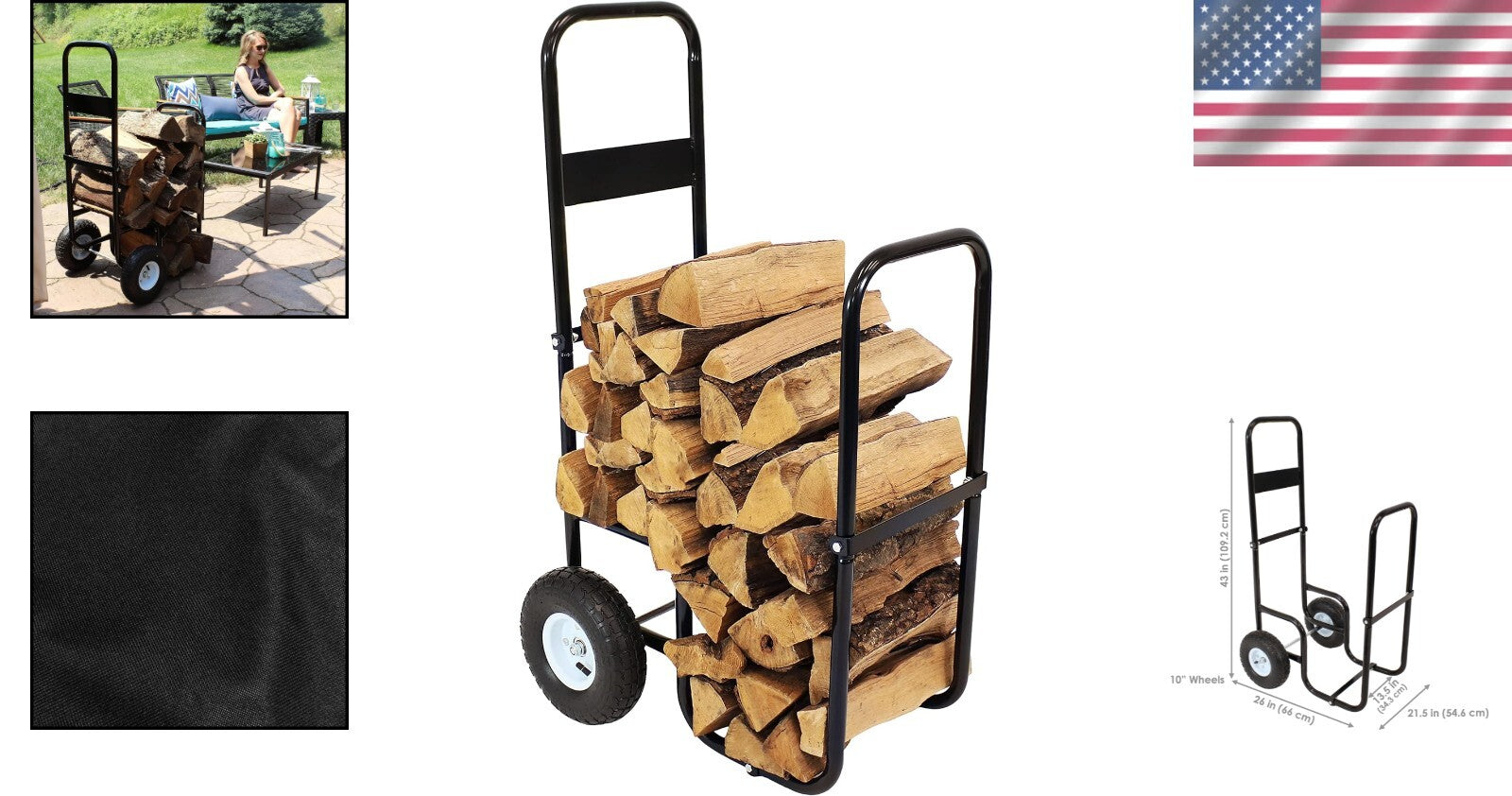 26" Black Steel Log Cart with Heavy-Duty Wheels for Effortless Firewood Handling