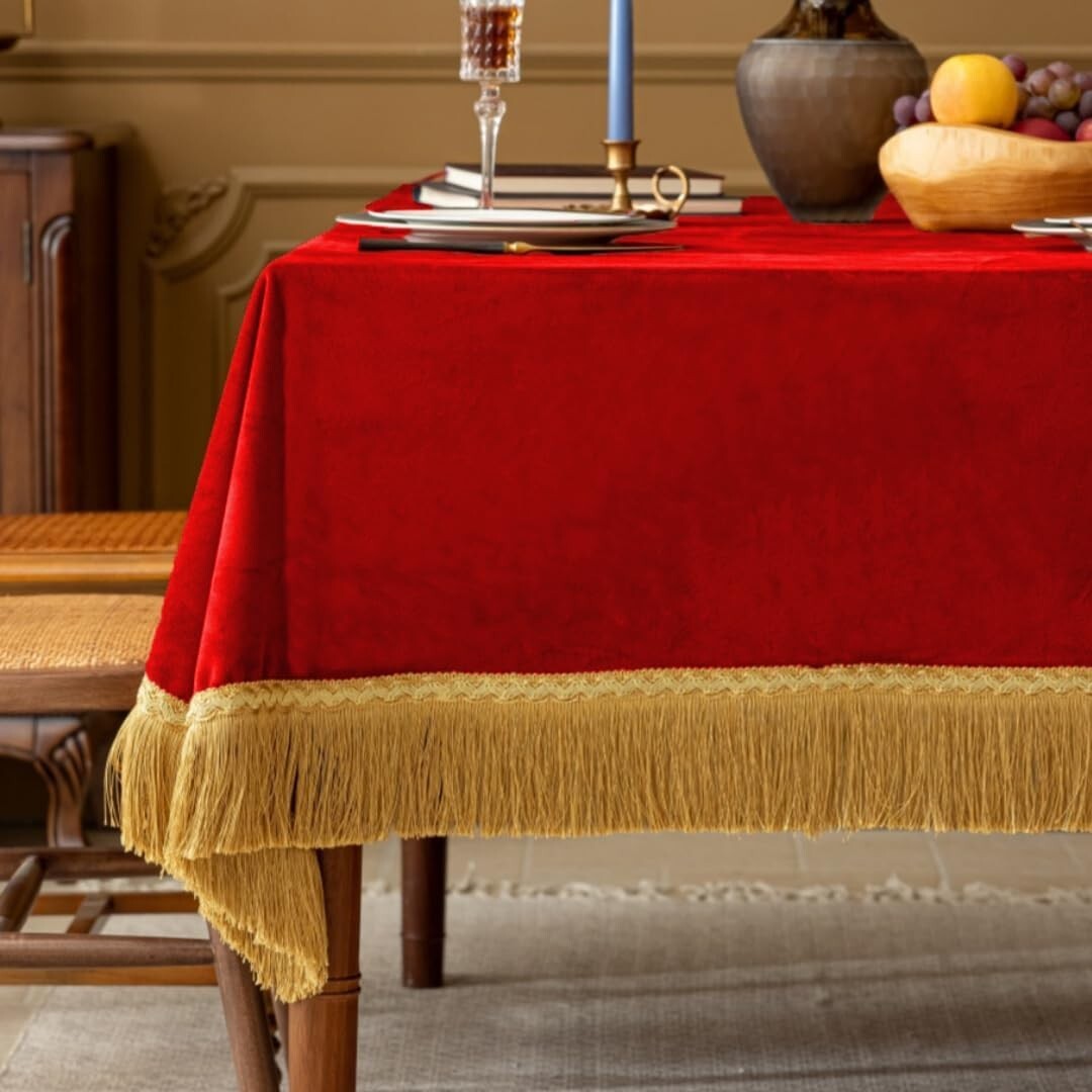 Elegant 60x120-Inch Red Velvet Tablecloth with Gold Tassel for Luxurious Dining