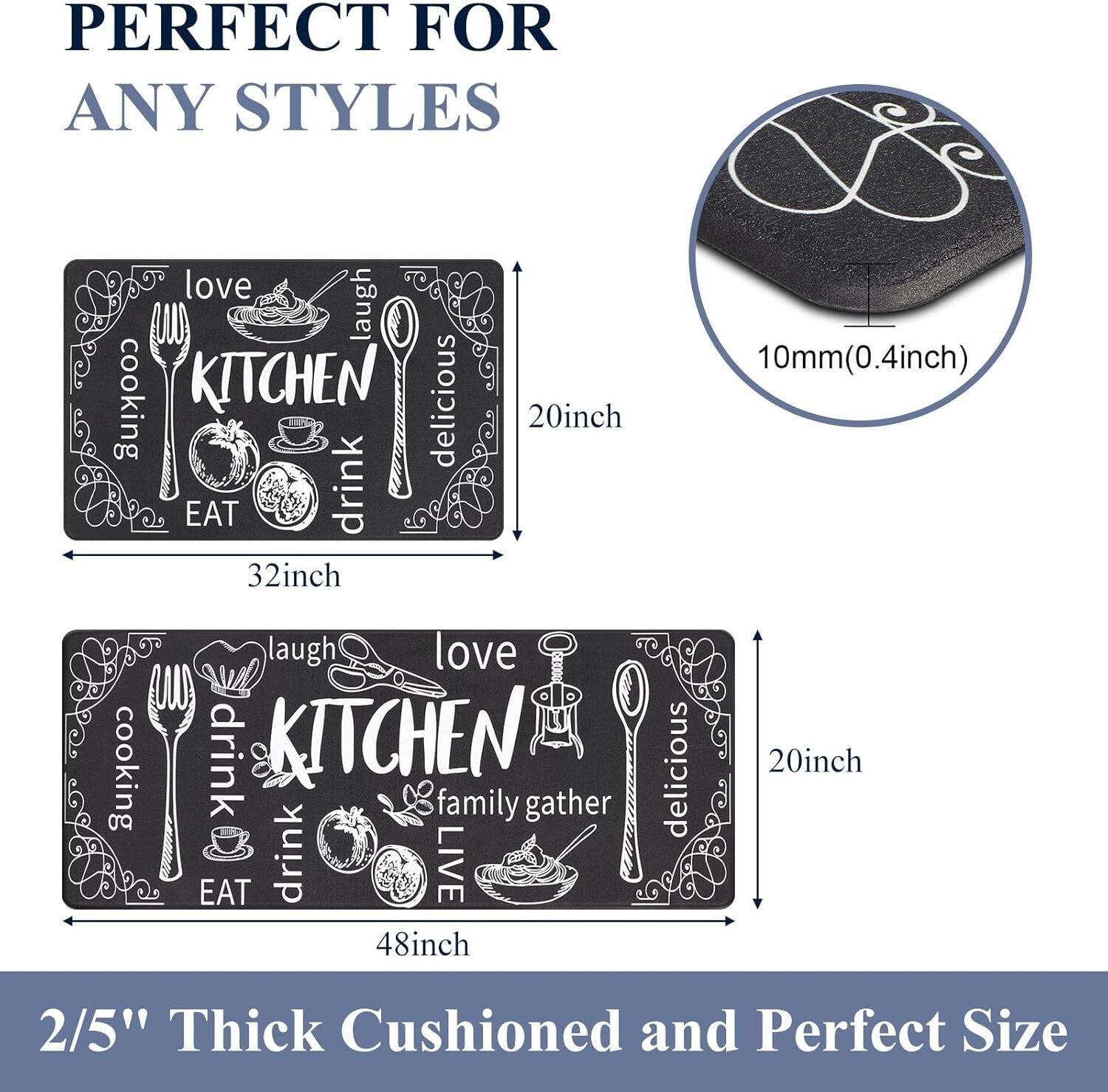 Cushioned Anti-Fatigue Kitchen Mat Set of 2 - Waterproof Non-Slip Comfort