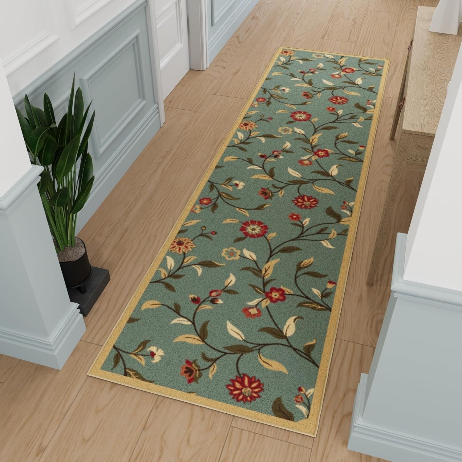 Elegant 2'7" x 9'10" Floral Runner Rug with Non-Slip Backing - Seafoam Green