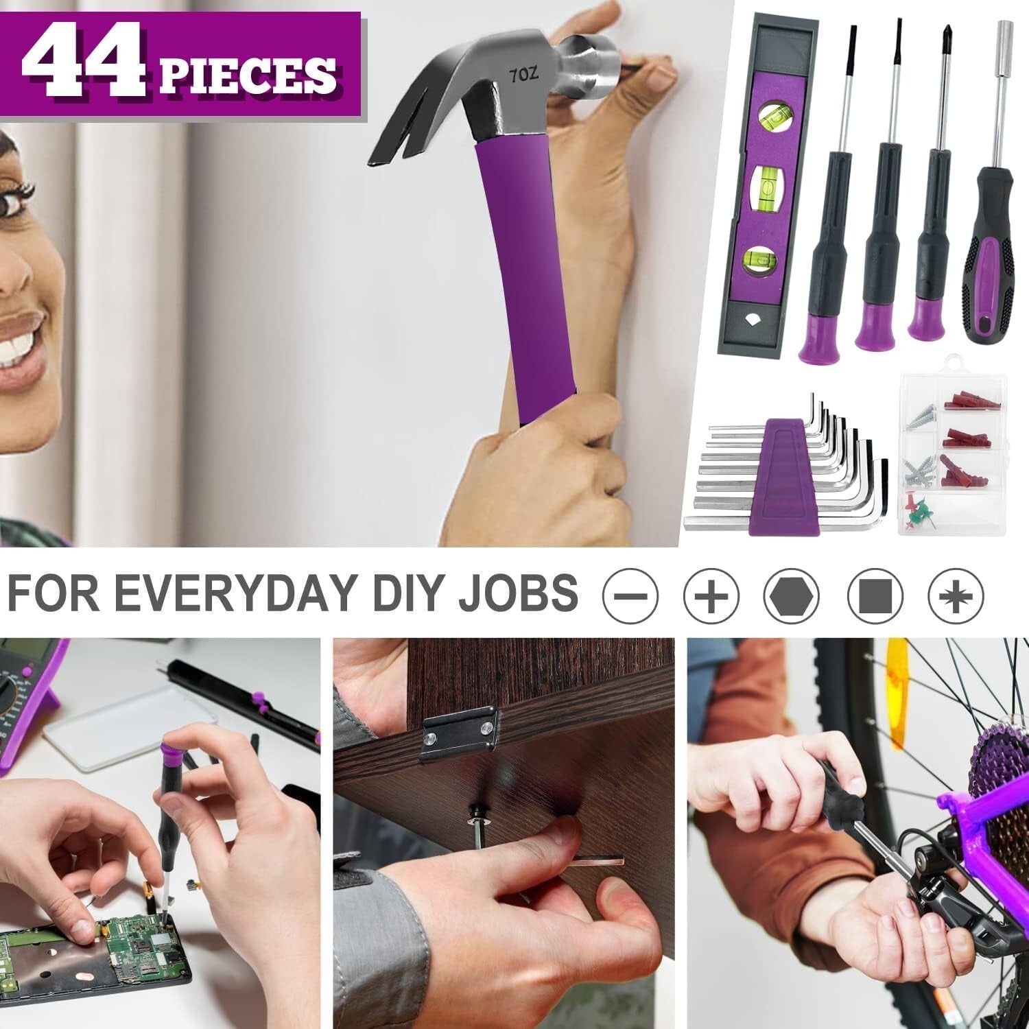 Elegant Pink 44-Piece Tool Set with Powerful Cordless Screwdriver - Gift-Ready