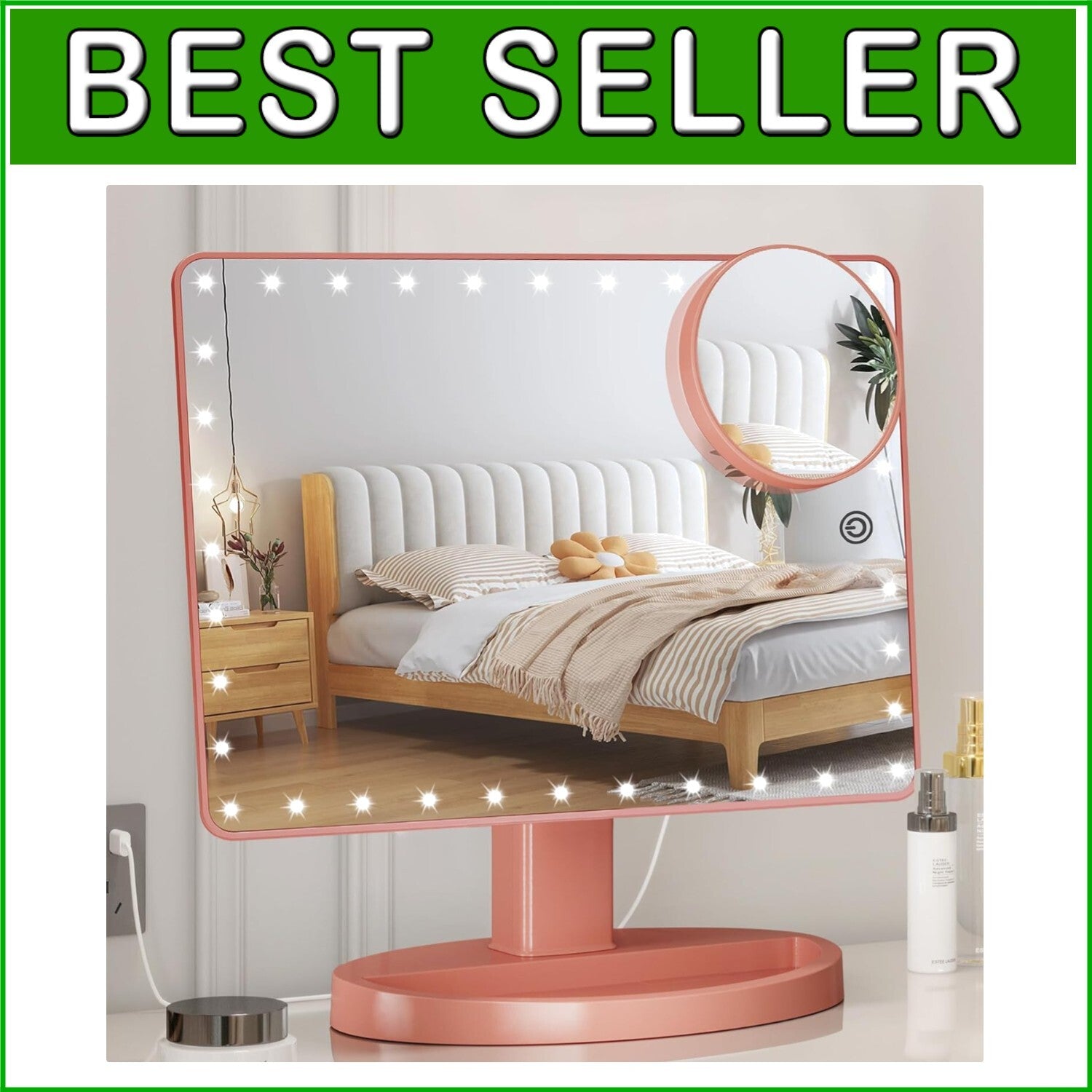 Large Lighted Makeup Mirror with 10X Magnification & 360° Rotation in Rose Gold