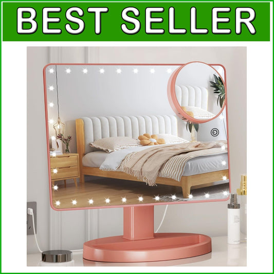 Large Lighted Makeup Mirror with 10X Magnification & 360° Rotation in Rose Gold