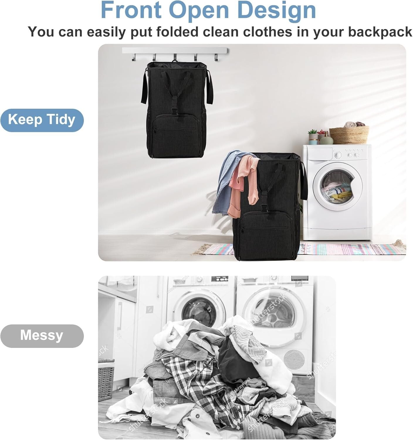 Collapsible Heavy Duty Laundry Bag Backpack with Padded Straps & Zipper Closure